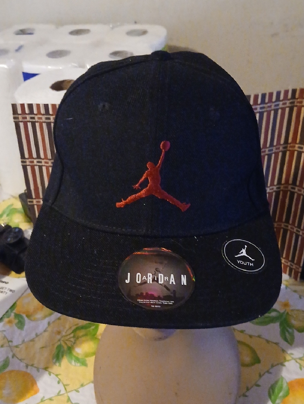 Jordan Youth Black Hat with Red Jumpman Logo